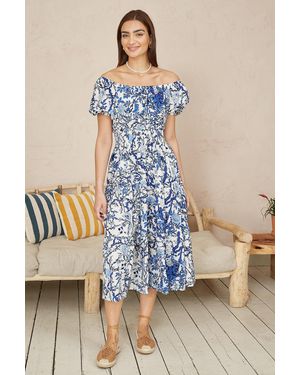 Yumi' Ruched Waist Bardot Blossom Tree Print Midi Dress - Blue