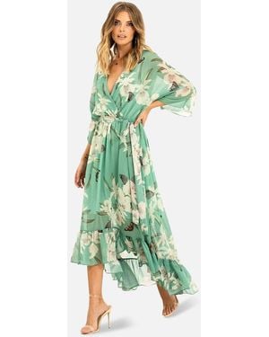 Yumi' Floral Kimono Sleeves Dip Hem Wrap Midi Dress - Green