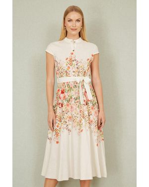 Yumi' Linen Floral Mirrored Placement Skater Dress - Natural