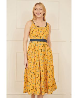 Yumi' Floral Skater Dress With Denim Trims - Yellow