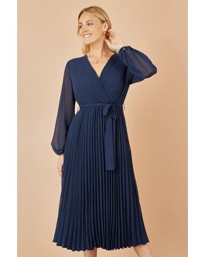 Yumi' Pleated Wrap Midi Dress With Sheer Long Sleeves - Blue