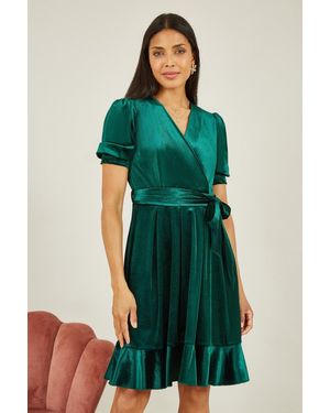 Mela Velvet Wrap Skater Dress With Bow Belt - Green