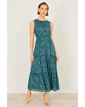 Yumi' Foil Print Ruched Waist Midi Dress With Tie Notch Neckline - Blue