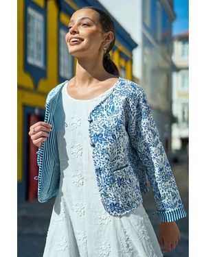 Yumi' Boho Floral Print Cropped Reversible Cotton Quilted Jacket - Blue
