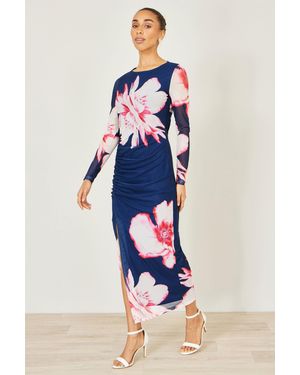 Yumi' Floral Placement Floral Long Sleeve Mesh Maxi Dress - Blue