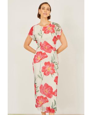 Yumi' Poppy Print Midi Mesh Dress - Red