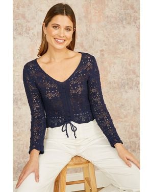 Yumi' Crochet Top With Front Ruching - Blue