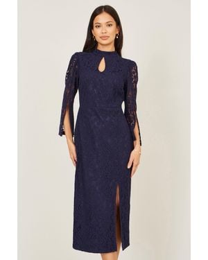 Yumi' Lace Fitted Midi Dress With Flute Sleeves - Blue