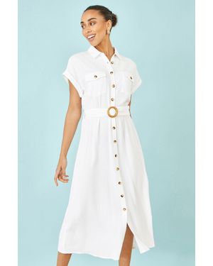 Yumi' Viscose Linen Look Midi Shirt Dress With Wooden Belt - Blue
