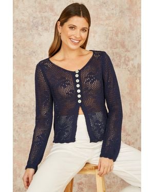 Yumi' Flower Crochet Button Up Cardigan - Blue