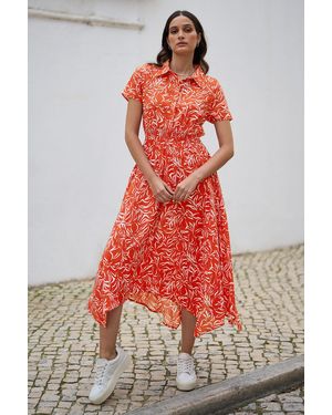 Yumi' Tropical Leaf Print Midi Ruched Shirt Dress - Red