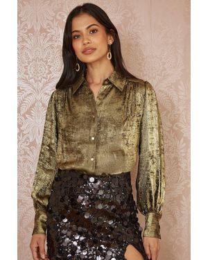 Yumi' Metallic Relaxed Balloon Sleeve Shirt - Brown