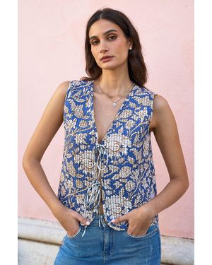Yumi' Leaf Reversible Cotton Quilted Waistcoat - Blue