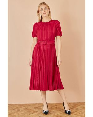 Yumi' Satin Striped Midi Dress With Pleats And Matching Belt - Red