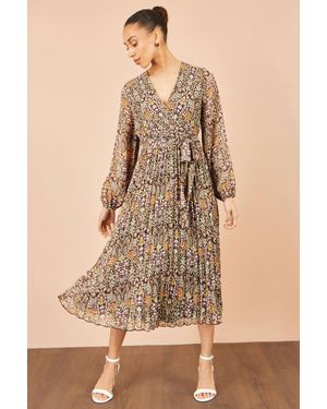 Yumi' Ditsy Floral Pleated Midi Dress - Natural