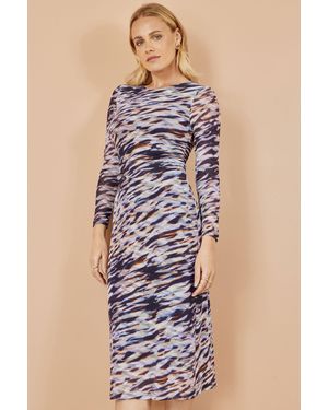 Yumi' Multicolour Abstract Stripe Ruched Bodycon Midi Dress - Blue