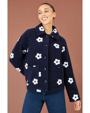 Yumi' Embroiderd Daisy Fleece Jacket - Blue