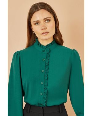 Yumi' Frill High Neck Shirt - Green