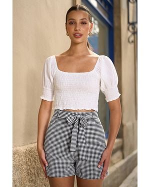 Yumi' Cotton Gingham Tie Belt Shorts - Grey