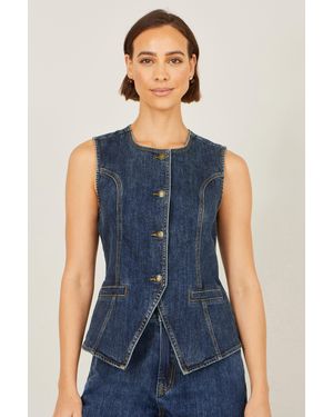 Yumi' Stretch Long Denim Waistcoat - Blue