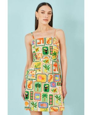 Yumi' Multicolour Postcard Print Mini Sun Dress - Green