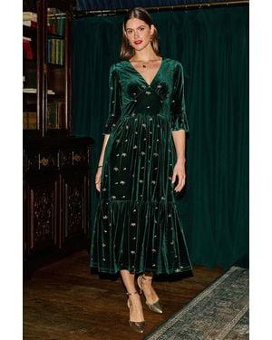 Yumi' Velvet Embroidered Midi Dress - Green