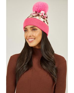 Yumi' Animal Print Pom Pom Hat - Pink