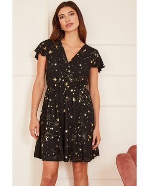 Mela Foil Star Print Wrap Skater Dress - Black