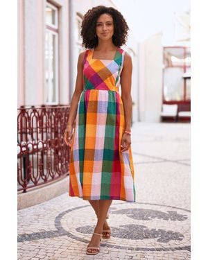 Yumi' Multicolour Seersucker Cotton Midi Sun Dress - Red