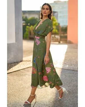Yumi' Bird And Floral Print Ruched Waist Kimono Midi Dress - Green