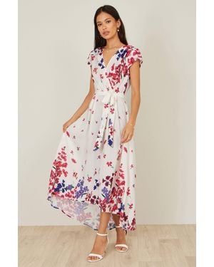Yumi' Floral Mirror Wrap Dress With Dip Hem - Pink