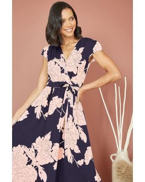 Yumi' Mela Blossom Print Wrap Midi With Dipped Hem - Blue