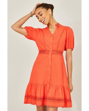 Yumi' Cotton Lace Trim Skater Shirt Dress - Orange