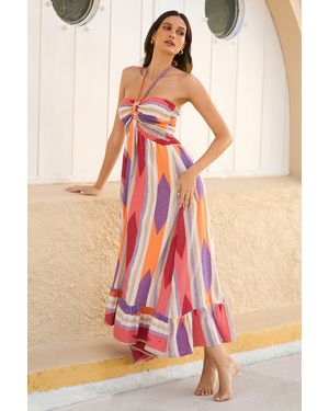 Yumi' Multicolour Block Print Halter Neck Cotton Maxi Dress - Pink