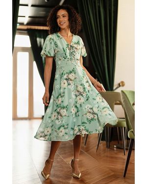 Yumi' Mint Floral Tea Dress With Front Ties - Green