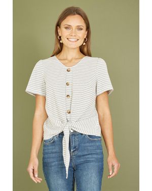 Yumi' Striped Jersey Button Detail Top - Natural