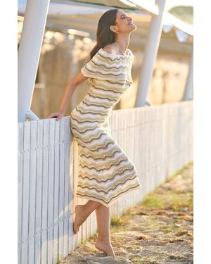 Yumi' Stripe Crochet Knit Bardot Midi Dress - Grey