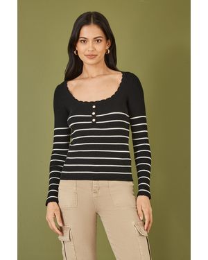 Yumi' Stripe Rib Knitted Long Sleeve Top With Button Details - Green