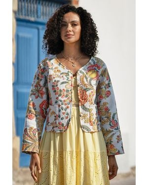 Yumi' Boho Print Cotton Reversible Quilted Jacket - White