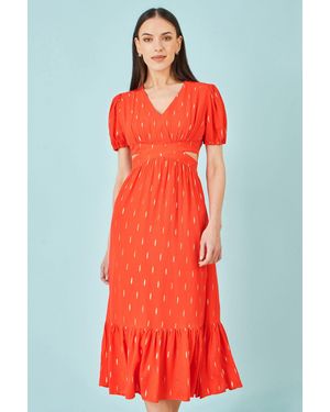 Yumi' Foil Print Viscose Cut Out Midi Dress - Red