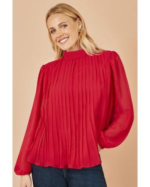 Yumi' Pleated Long Sleeve Top With High Neck - Red