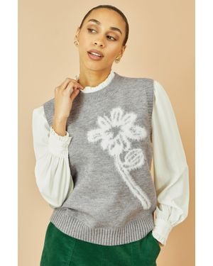 Yumi' Knitted Flower Sleeveless Jumper Vest - Grey