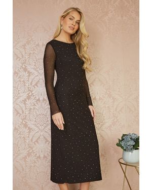 Yumi' Mesh Bodycon Midi Dress With Tie Back And Diamantes - Black
