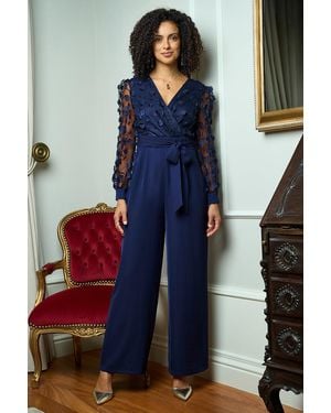 Yumi' Flower Applique Jumpsuit - Blue
