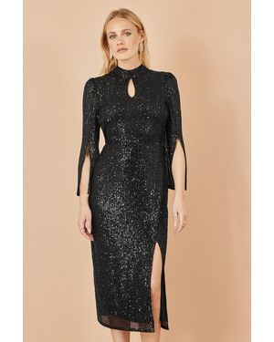 Yumi' Sequin Fitted Midi Dress With Flute Sleeves - Black