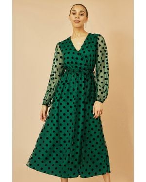 Yumi' Spot Mesh Wrap Midi Skater Dress - Green