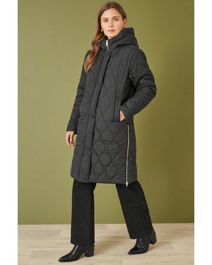 Yumi' Padded Quilted Long Coat With Zip Detail And Hood - Green