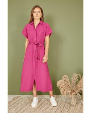 Yumi' Viscose Relaxed Midi Shirt Dress With Pockets - Pink