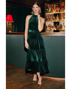 Yumi' Velvet Halter Midi Dress With Belt - Green