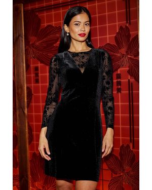 Yumi' Fitted Velvet Dress With Sheer Floral Sleeves - Red